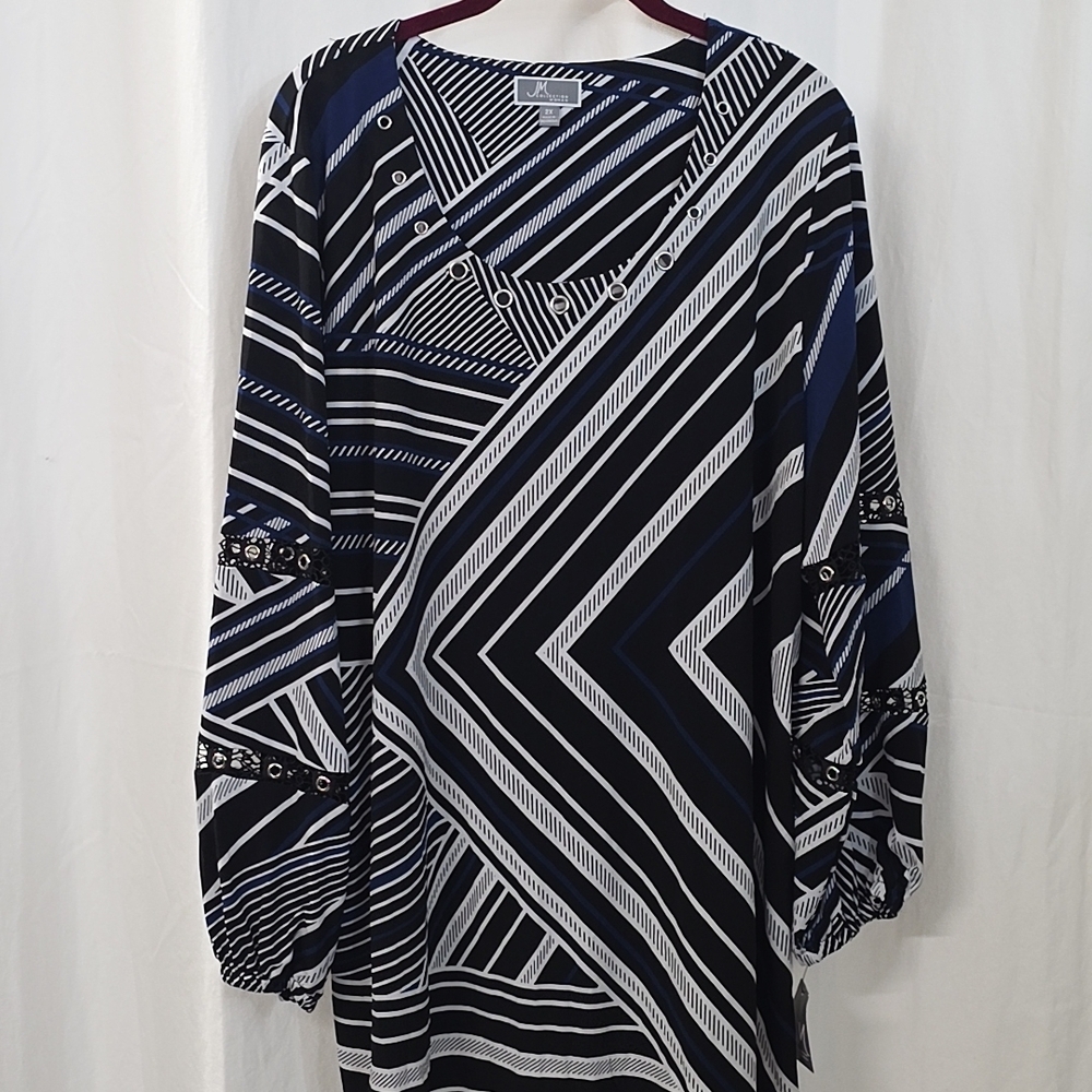 JM Collection 2x 3x Lantern Sleeve Crochet Lace Blue White Stripe Tunic Blouse